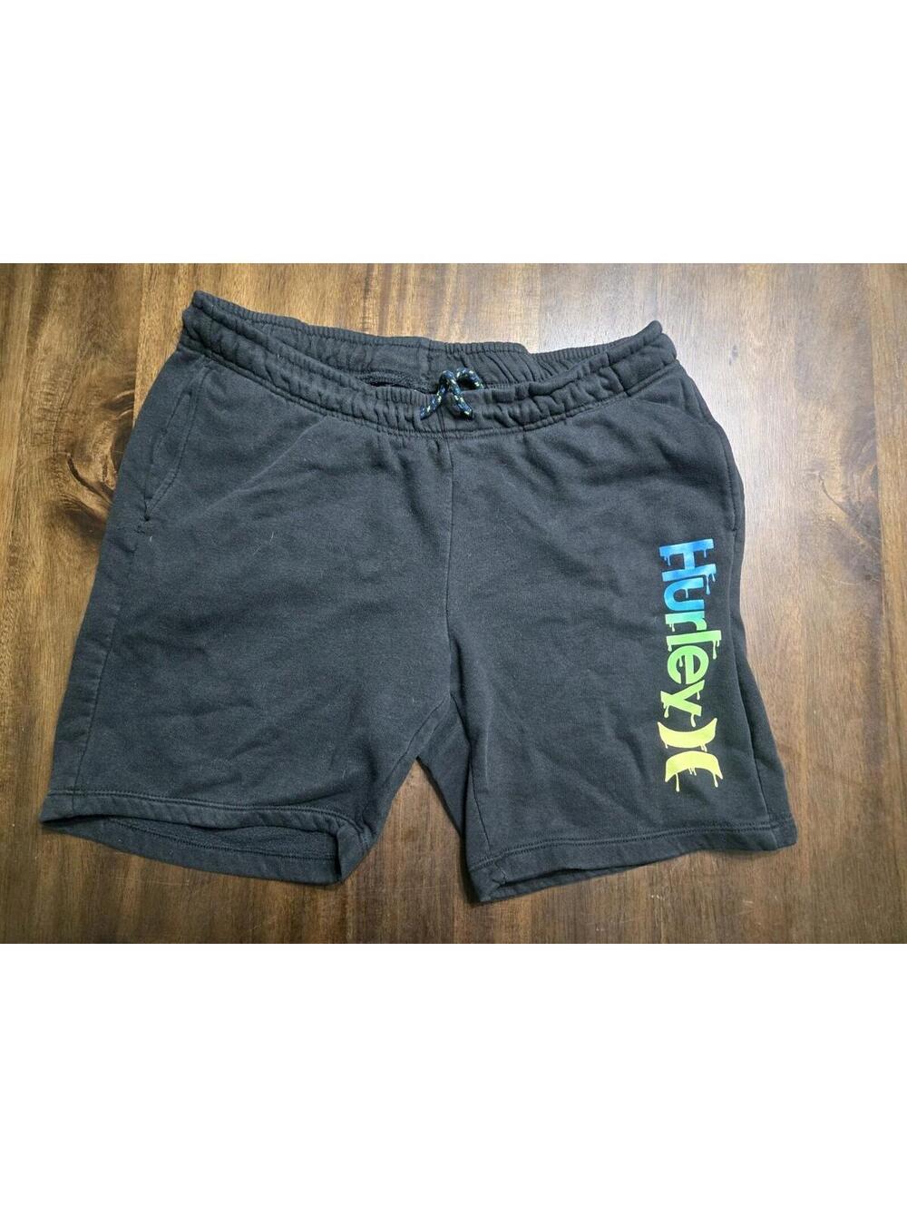 Hurley Womens Sweat Shorts Medium Black Rainbow Logo Drawstring Fleece‎
